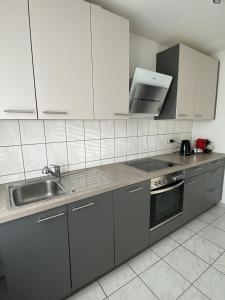 eine Küche mit grauen Schränken und einer Spüle in der Unterkunft Nisas Ferienwohnung in Bad Säckingen
