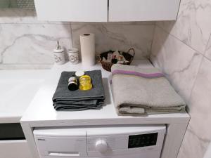 - un comptoir de salle de bains avec des serviettes et un lave-linge dans l'établissement Ankara Esenboğa Airport Luxury Rezidance, à Ankara