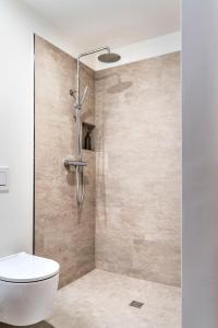 a bathroom with a shower with a toilet and a sink at freiraum Apartments in Mellau