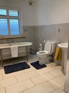 a bathroom with a toilet and a tub and a sink at Green Villa in Hickleton