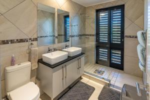a bathroom with a toilet and a sink and a mirror at Hermanus Beach House at CShine in Hermanus +20 photos