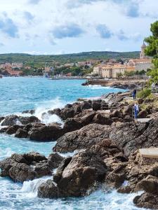 a group of people standing on rocks near the water at Apartments Pika in Krk