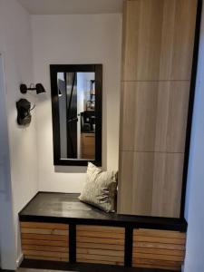 um espelho sentado em cima de uma cómoda num quarto em Appartement Wiesel em Sankt Andreasberg