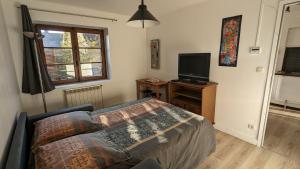 a bedroom with a bed and a flat screen tv at Escale du Château de Promery 1391 in Annecy