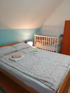 een slaapkamer met een bed met een wieg en een wieg bij Vila Ivana in Mitrovac