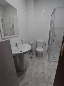 y baño con aseo, lavabo y ducha. en Casa Fregenal Centro R&S, en Fregenal de la Sierra