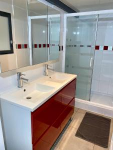 un bagno con lavandino e doccia di Gujan-Mestras Chez Flo maison 4 places la hume a Gujan-Mestras Altre 9 foto