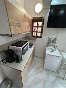 a small kitchen with a stove and a sink at Ano Poli Studios 4 in Thessaloniki