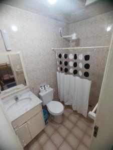 a bathroom with a toilet and a sink and a shower at Hospedagem da Val in Paraty