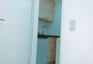 維也納的住宿－Premier Studio 2P LG，厨房配有白色橱柜和水槽