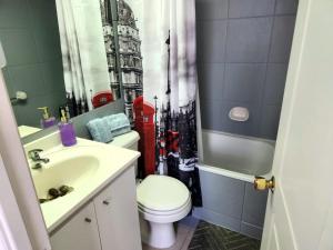 bagno con servizi igienici, lavandino e specchio di Cómodo departamento en bellas artes con vista privilegiada a Santiago