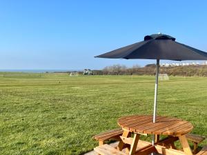 a picnic table with an umbrella in a field at BAYVIEW self-catering coastal bungalow in rural West Wight in Freshwater