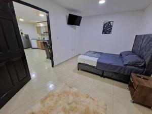 1 dormitorio con 1 cama y sala de estar en Las Margaritas apartments, Pereira City Centre en Pereira