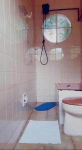 a bathroom with a shower with a toilet and a fan at Pousada 4 cantos in Corumbá