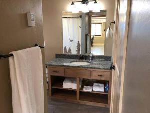 a bathroom with a sink and a mirror at Patios, Hot Tub, Yellowstone in Rea +28 photos