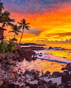 una puesta de sol en una playa rocosa con palmeras en Cute Off Grid Glampsite with WiFi- 5 min from Haleiwa Town, en Haleiwa
