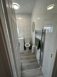 a small bathroom with a toilet and a sink at MMC Serviced accommodation in Leigh