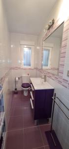bagno con servizi igienici, lavandino e specchio di Casa La Torre a Cepeda