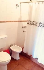 La salle de bains est pourvue d'une douche et de toilettes. dans l'établissement Casa en Tilcara con hermosa vista al Pucara, à Tilcara