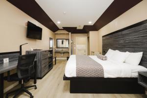 um quarto de hotel com uma cama e uma secretária em Sapphire Inn & Suites em Channelview