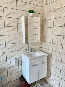 uma casa de banho com um lavatório branco e um espelho. em Résidence Magnificat em Kribi