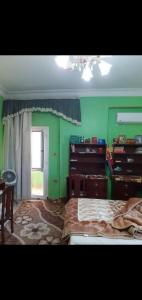 a bedroom with green walls and a bed and a window at شقه مفروش in Cairo