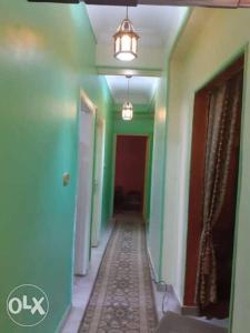 a hallway with green walls and a light fixture at شقه مفروش in Cairo