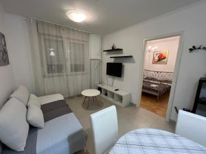 sala de estar con sofá, mesa y TV en Apartments Flores, en Zagreb