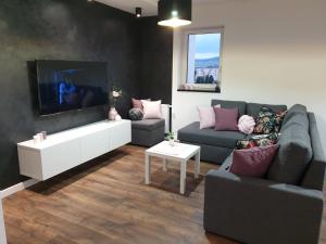 a living room with a couch and a flat screen tv at No 59 Apartament in Nowy Targ