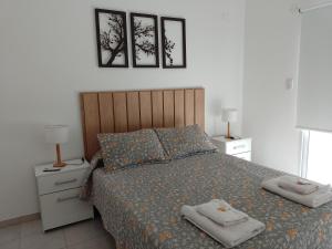 1 dormitorio con 1 cama con 2 toallas en Alojamientos Litoral - 3A en Gualeguaychú