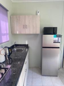 cocina con nevera blanca y fregadero en Curacao Cozy Apartment, en Willemstad