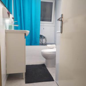 La salle de bains est pourvue de toilettes et d'un rideau de douche bleu. dans l'établissement PremiumGuestKifissia, à Athènes