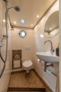 a bathroom with a toilet and a sink at The luxury Boat in Zwolle