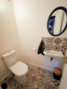 ein Bad mit einem WC und einem Spiegel in der Unterkunft Maison au calme avec terrasse et jardin in Chinon