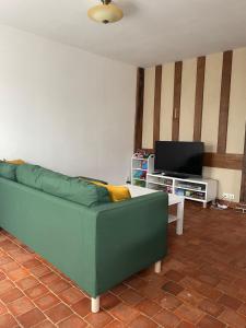 a living room with a green couch and a tv at La Grange Chevrefeuille 