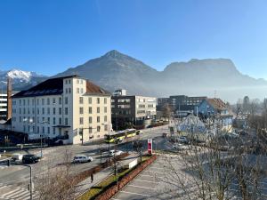a view of a city with a mountain in the background at Apartment Popular in Dornbirn