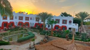 Sharm Inn Amarein - Boutique Hotel في شرم الشيخ: مجموعة مباني فيها نخيل وبركة