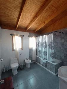 a bathroom with a toilet and a sink and a shower at Parcela Sant Llorenç in Cabrero