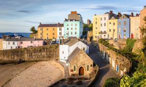 an aerial view of a city with buildings at Spacious 4 Bedroom Farmhouse in Pembrokeshire
