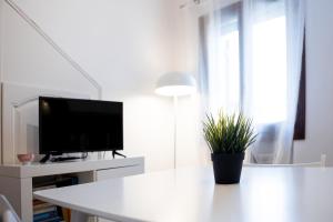 een witte woonkamer met een tv en een potplant bij My home in Venice in Mestre