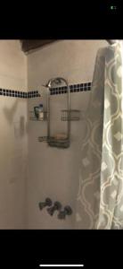 y baño con cortina de ducha y lavamanos. en Ginger Lodge Cottage, Peters Rock, Woodford PO St Andrew, Jamaica - this property is not in Jacks Hill en Jacks Hill