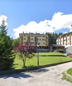 un parc en face d'un bâtiment avec un arbre dans l'établissement La Molina - acogedor apartamento cerca de las pistas de esquí, à La Molina