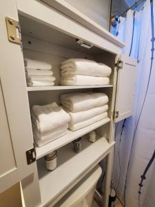 un portasciugamani con asciugamani in bagno di Aly Farm London House a Spring Hill