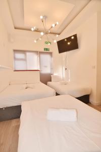 ロンドンにあるAnchor Guest Houseのベッド2台、薄型テレビが備わる客室です。