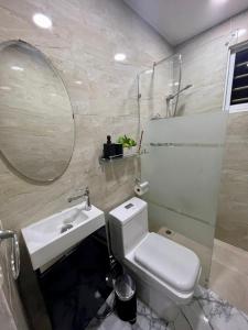 a bathroom with a toilet and a sink and a mirror at Acogedor apartamento 2 hab Distrito nacional, próximo agora mall in Santo Domingo