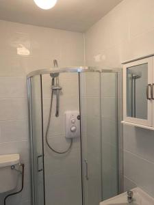 a bathroom with a shower with a glass door at Beautiful one bedroom Apartment In Galway City in Galway