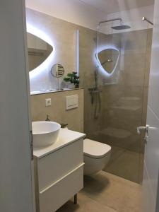 クックスハーフェンにあるStrandhaus-Nordseebrandung-Fewo-A2-5のバスルーム(トイレ、洗面台、シャワー付)
