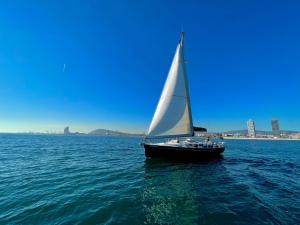 Precioso velero en Badalona de 3 camarotes في بادالونا: قارب ذو شراع بيضاء في الماء