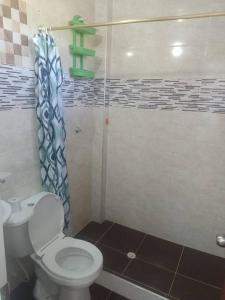 a bathroom with a toilet and a shower at casa turística Mónaco 48 in Carmen de Apicalá