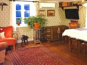 ein Wohnzimmer mit einem TV, einem Sofa und einem Stuhl in der Unterkunft Holiday home Mantorp in Mantorp
